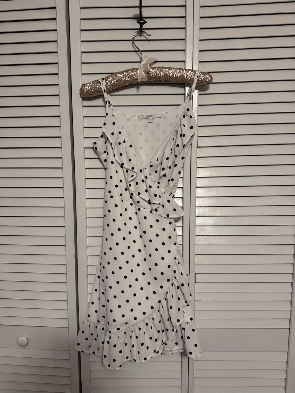 Guess White Polka Dot Ruffle Slip Dress - Sleeveless V-Neck